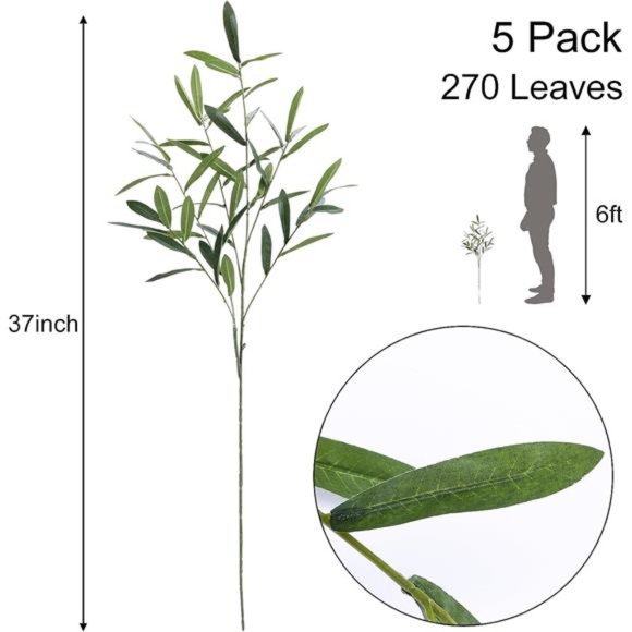 5pcs Artificial Olive Leaves Long Stems 37" Tall with 270 Leaves Fake Eucalyptus - Picture 2 of 7
